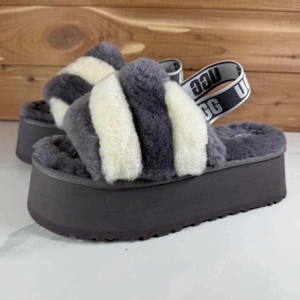 UGG Disco Stripe Slide Dark Grey White Platform Slipper 1120875 Mens 8 Womens 10
